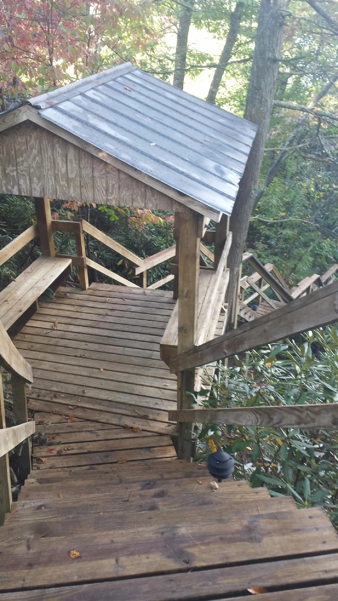 Metal roofed shelter over wooden steps on a wooded walkway — Skylight Repair & Installation work by our crew in Hankins